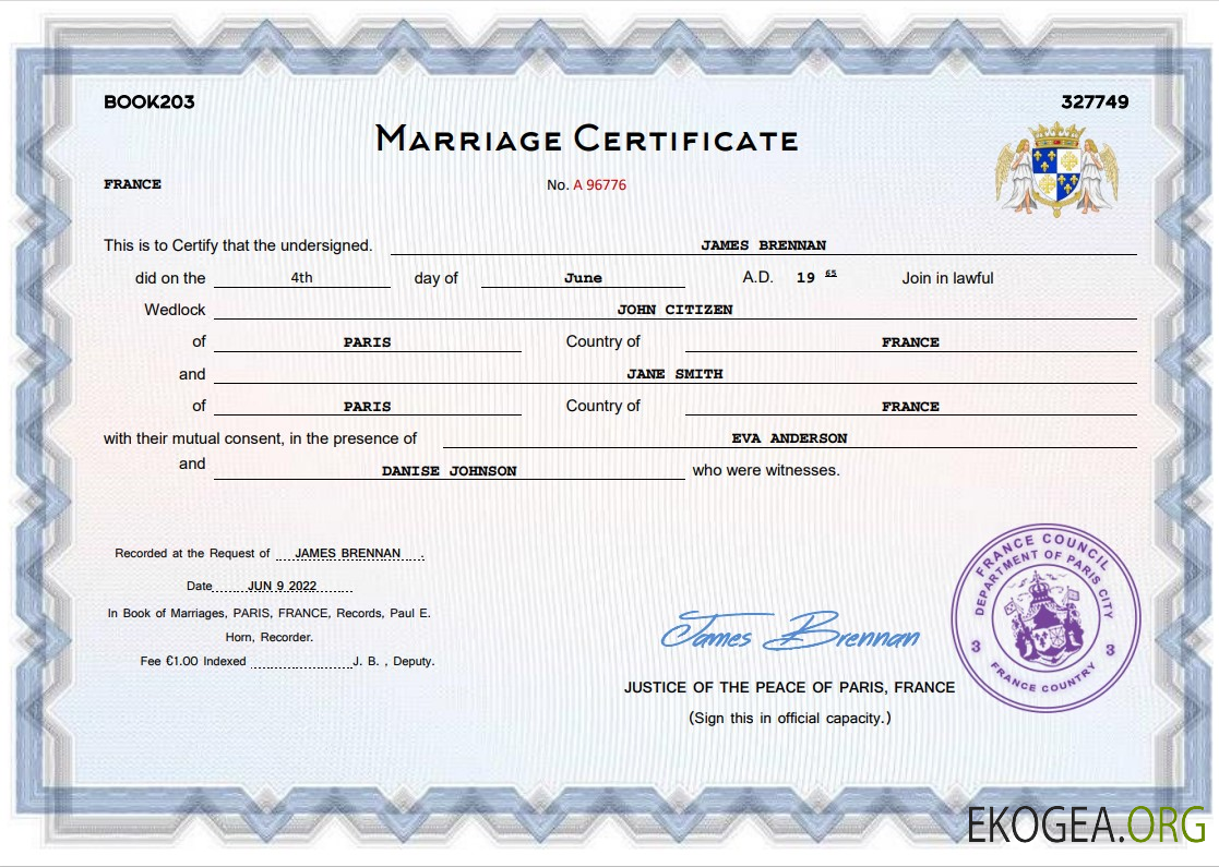 Modèle Word et PDF d'acte de mariage en France